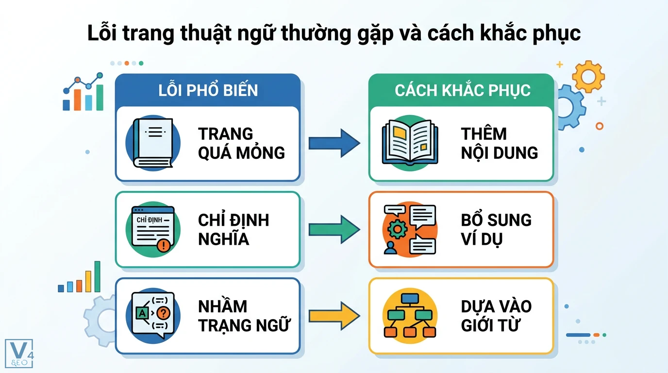 Trang thuật ngữ là gì? Cách nhận biết và phân loại trạng ngữ 3 Lỗi trang thuật ngữ thường gặp như trang quá mỏng, nhầm trạng ngữ và cách khắc phục bằng việc thêm nội dung, ví dụ thực tế dựa vào giới từ