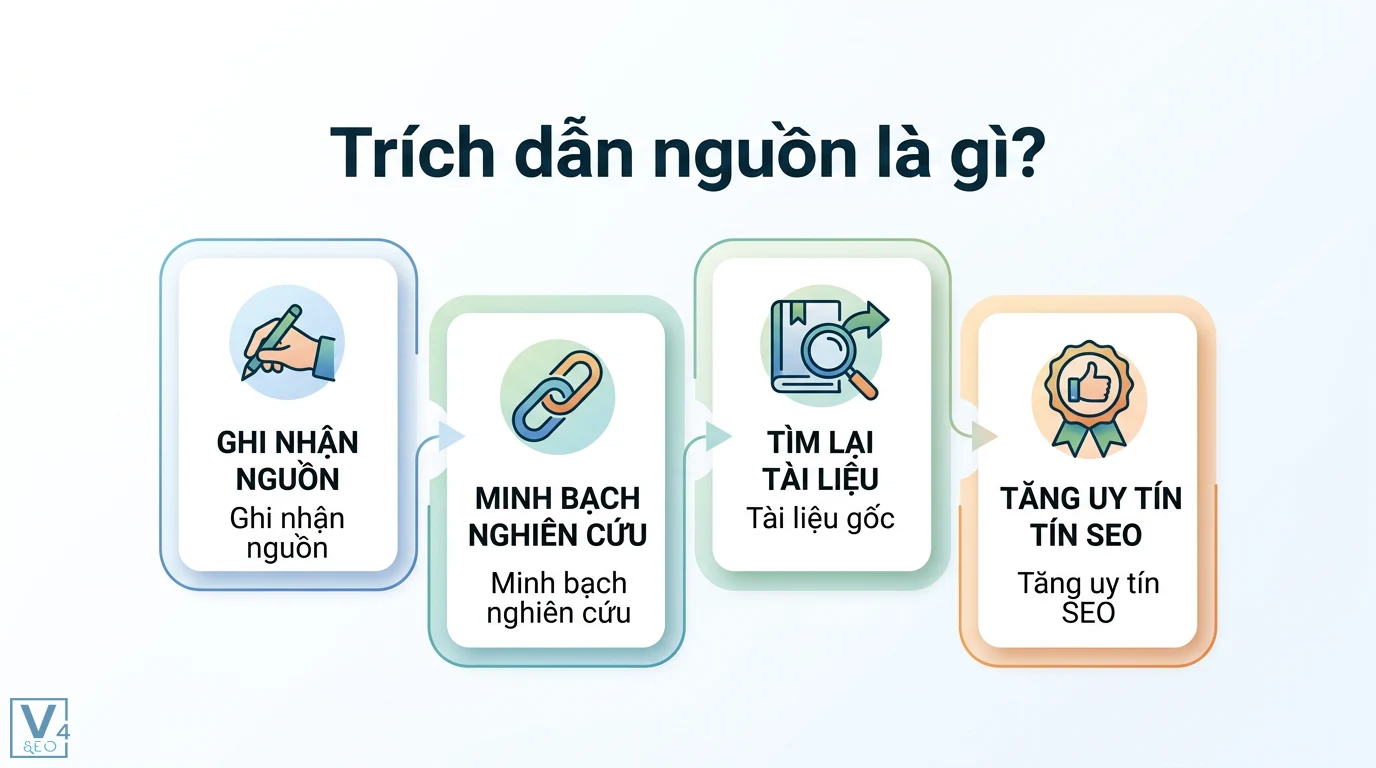 Trích dẫn nguồn là gì? Cách trích dẫn chuẩn APA và IEEE mới nhất 1 Trích dẫn nguồn giúp ghi nhận xuất xứ, minh bạch nghiên cứu, tìm lại tài liệu gốc và tăng cường độ uy tín SEO cho nội dung