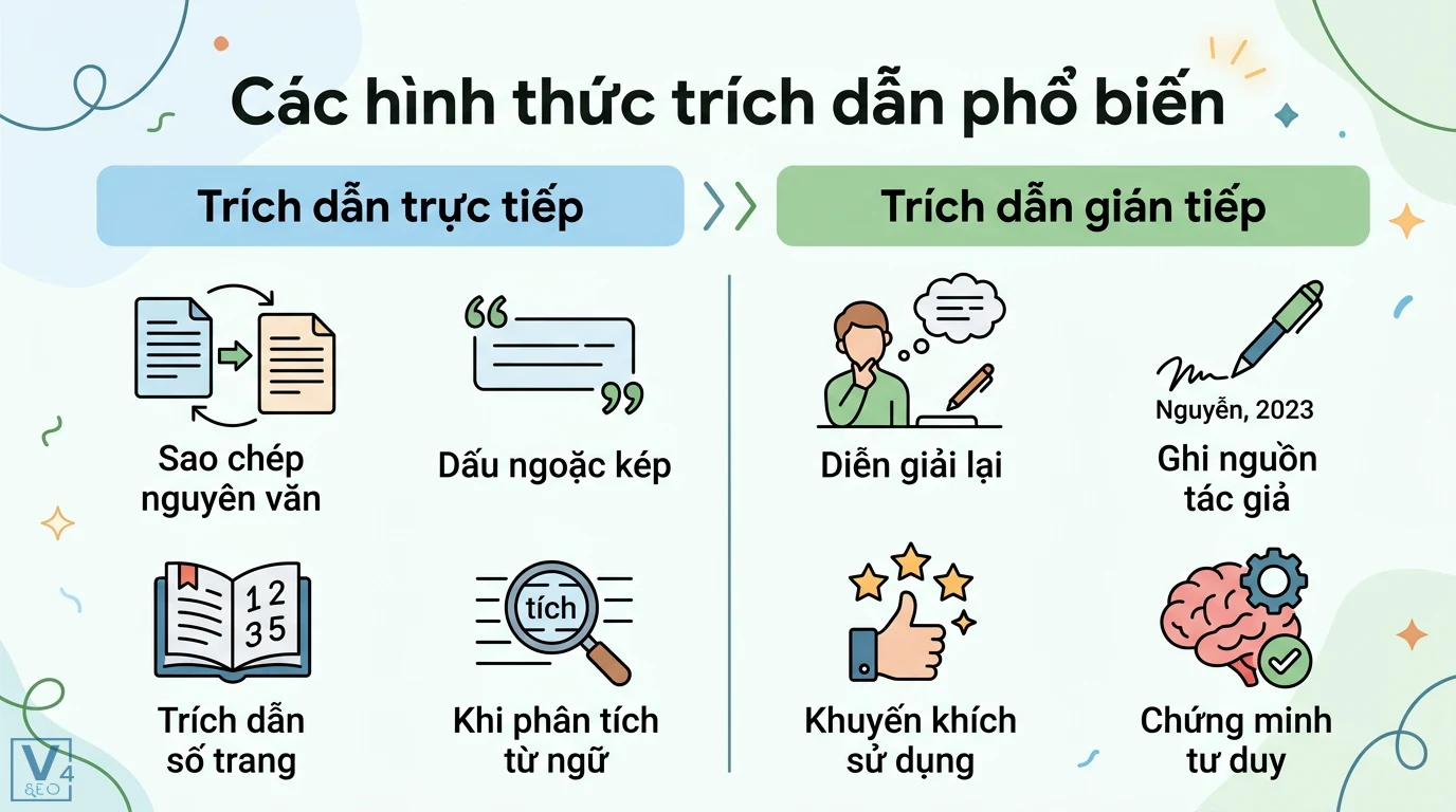 Trích dẫn & tham chiếu là gì? Cách tránh đạo văn chuẩn APA 7th 3 Các hình thức trích dẫn phổ biến gồm trích dẫn trực tiếp sao chép nguyên văn dùng dấu ngoặc kép và trích dẫn gián tiếp bằng cách diễn giải lại