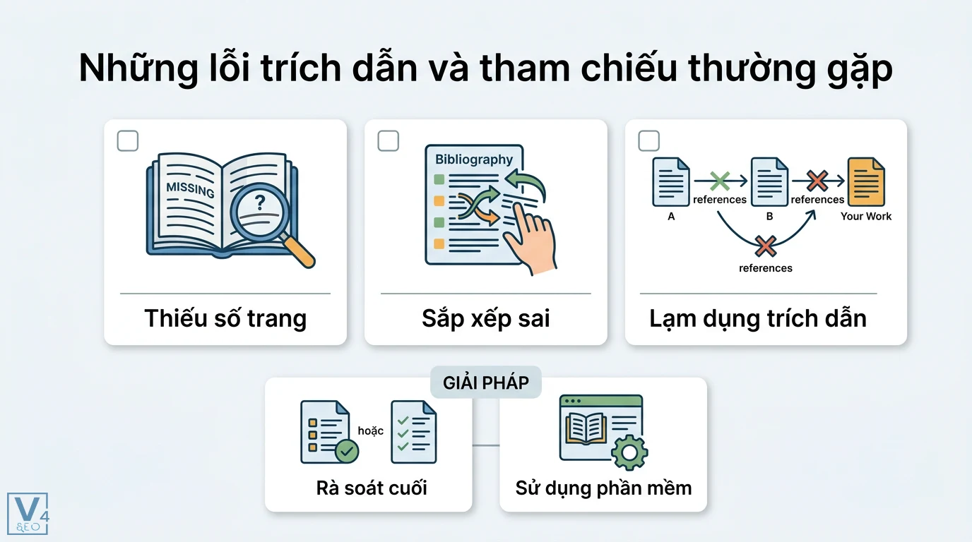 Trích dẫn & tham chiếu là gì? Cách tránh đạo văn chuẩn APA 7th 2 Lỗi trích dẫn và tham chiếu thường gặp như thiếu số trang, sắp xếp sai danh mục và các giải pháp rà soát cuối hoặc sử dụng phần mềm quản lý