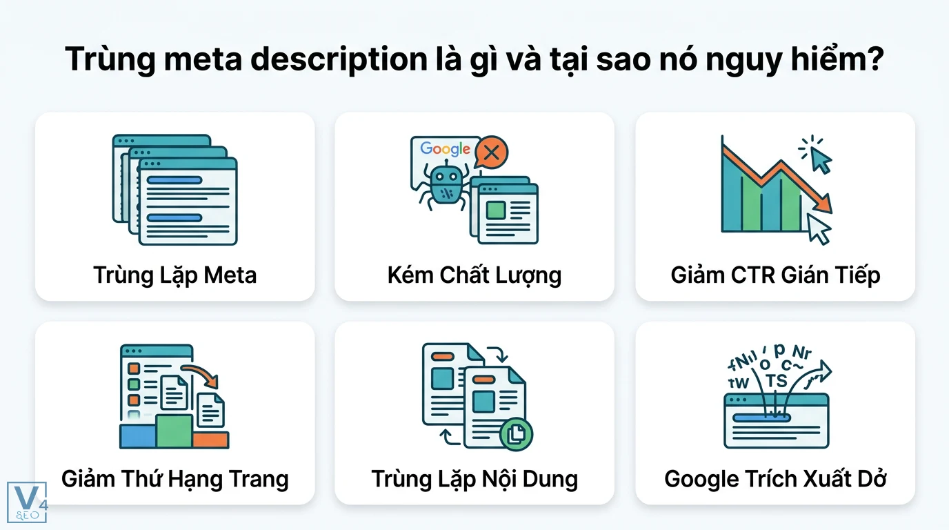 Trùng meta description là gì? Cách xử lý lỗi hàng loạt chuẩn SEO 1 Trùng meta description gây giảm CTR gián tiếp, giảm thứ hạng trang, trùng lặp nội dung và khiến Google trích xuất thông tin kém chất lượng