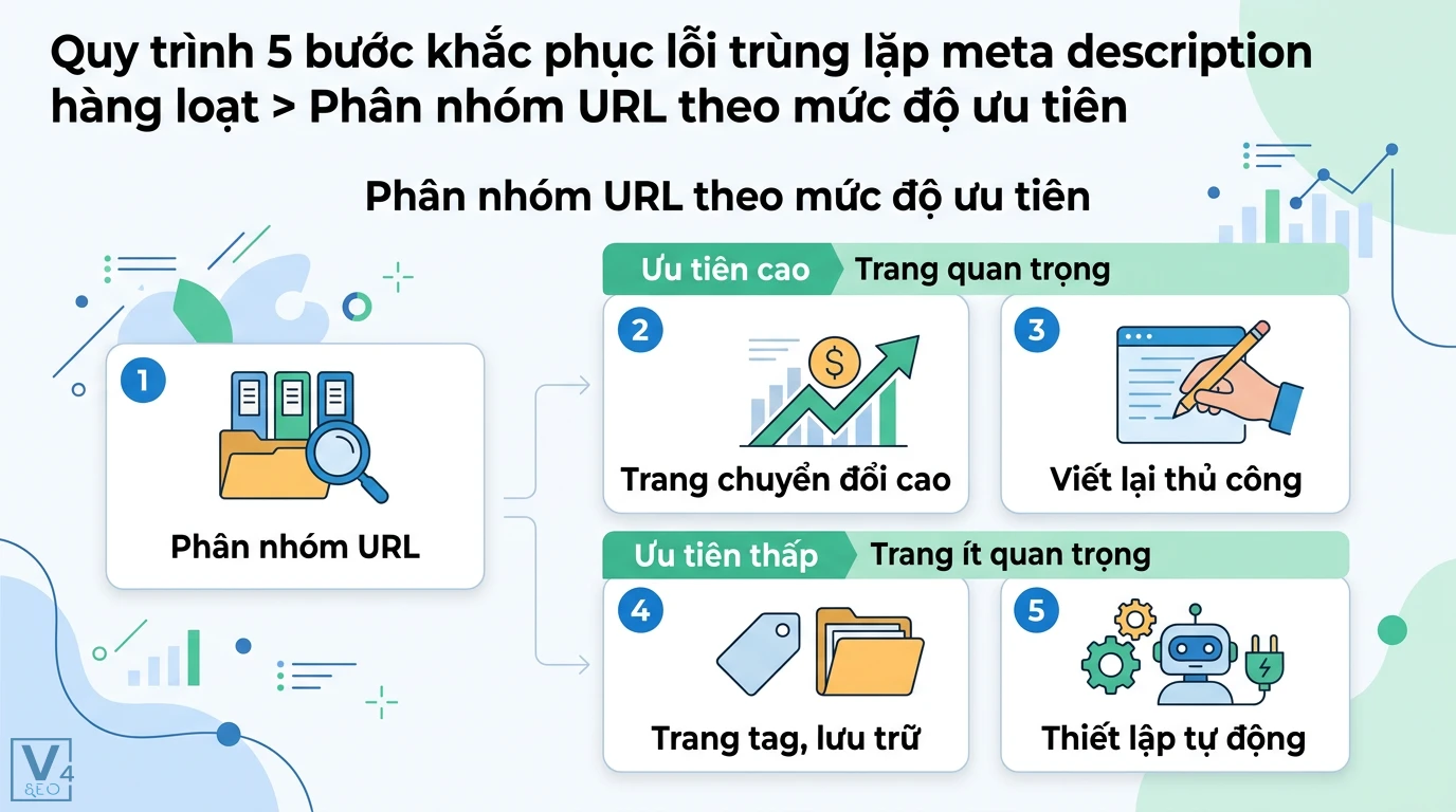 Trùng meta description là gì? Cách xử lý lỗi hàng loạt chuẩn SEO 2 Phân nhóm URL khắc phục lỗi trùng lặp meta description bằng cách viết lại thủ công trang quan trọng và tự động hóa các trang ít ưu tiên