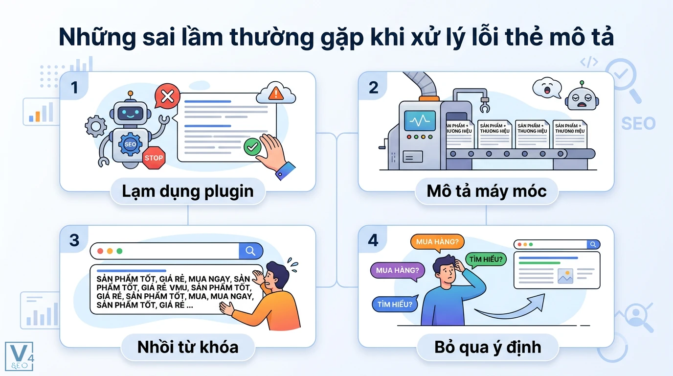 Trùng meta description là gì? Cách xử lý lỗi hàng loạt chuẩn SEO 3 Sai lầm khi xử lý lỗi thẻ mô tả gồm lạm dụng plugin, viết nội dung máy móc, nhồi nhét từ khóa và bỏ qua ý định tìm kiếm của người dùng