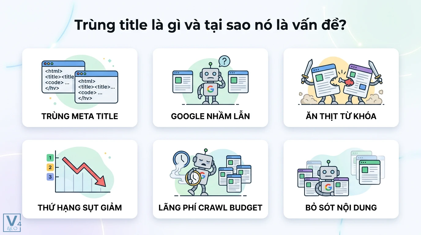 Trùng title là gì? Cách xử lý lỗi tiêu đề trùng lặp chuẩn SEO 1 Hậu quả của trùng meta title gây ăn thịt từ khóa, lãng phí crawl budget, bỏ sót nội dung và làm sụt giảm thứ hạng website trên Google