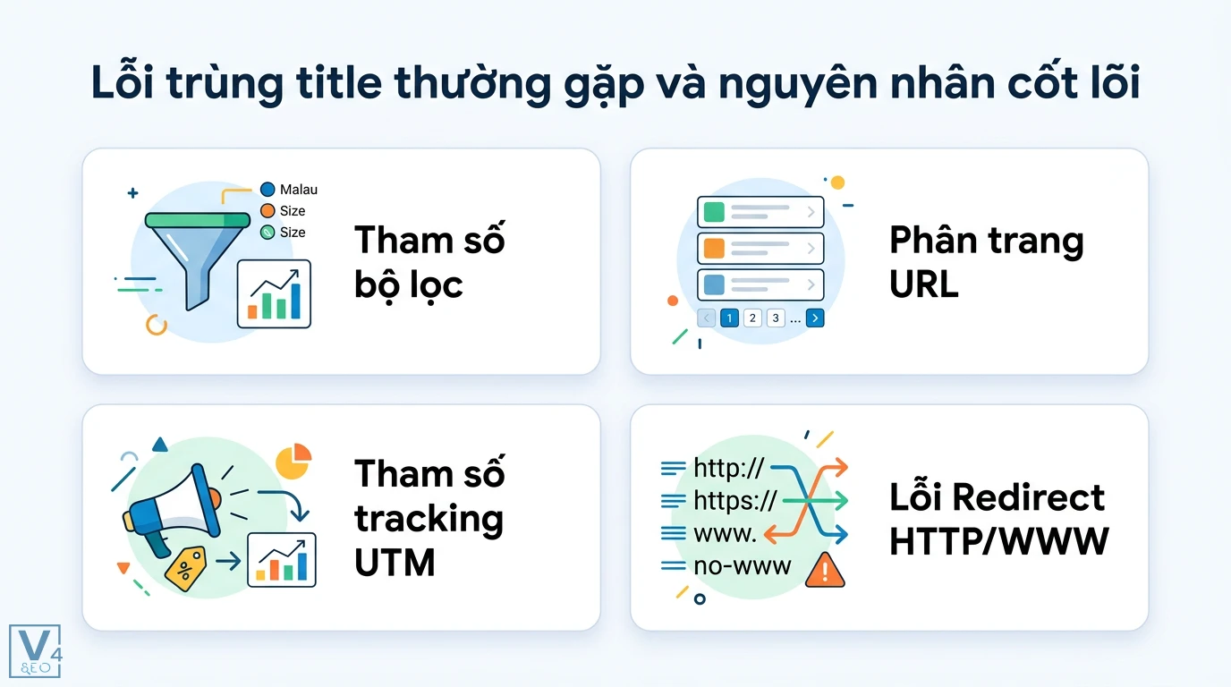 Trùng title là gì? Cách xử lý lỗi tiêu đề trùng lặp chuẩn SEO 2 Lỗi trùng title thường gặp do tham số bộ lọc, phân trang URL, tham số tracking UTM và thiếu cấu hình redirect HTTP/HTTPS hoặc WWW
