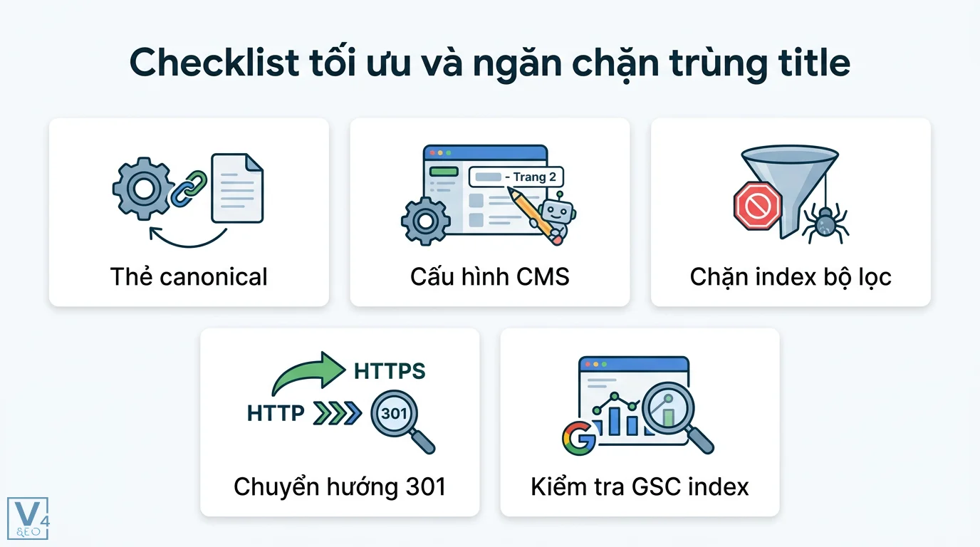 Trùng title là gì? Cách xử lý lỗi tiêu đề trùng lặp chuẩn SEO 3 Checklist ngăn chặn trùng title qua thẻ canonical, cấu hình CMS, chặn index bộ lọc, chuyển hướng 301 và kiểm tra GSC index