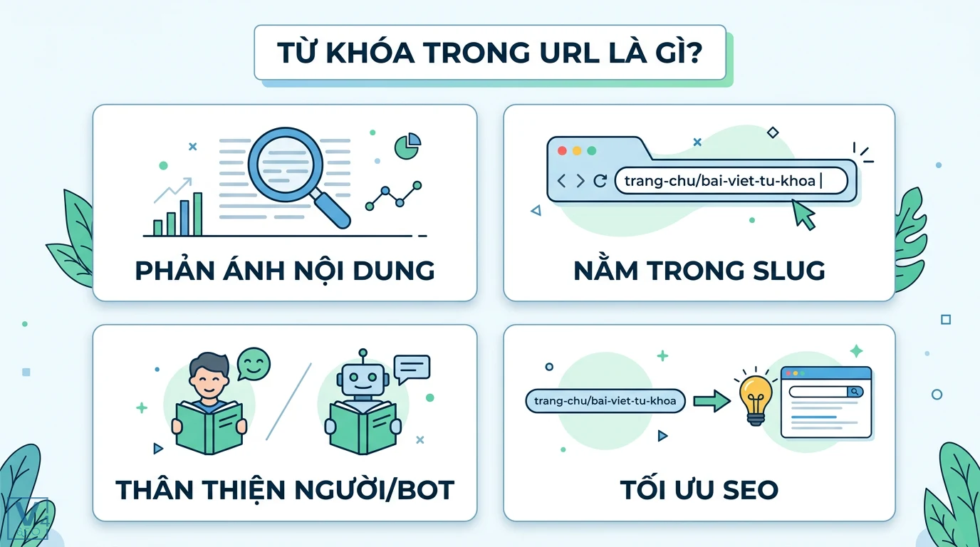 Từ khóa trong URL là gì? Cách tối ưu và lưu ý quan trọng cho SEO 1 Từ khóa trong URL phản ánh nội dung trang web nằm trong slug thân thiện với người dùng và bot tìm kiếm nhằm mục đích tối ưu SEO hiệu quả