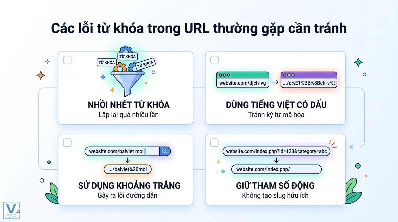 Từ khóa trong URL là gì? Cách tối ưu và lưu ý quan trọng cho SEO 3 Các lỗi từ khóa trong URL thường gặp cần tránh gồm nhồi nhét từ khóa, tiếng Việt có dấu, khoảng trắng và tham số động ảnh hưởng xấu đến SEO