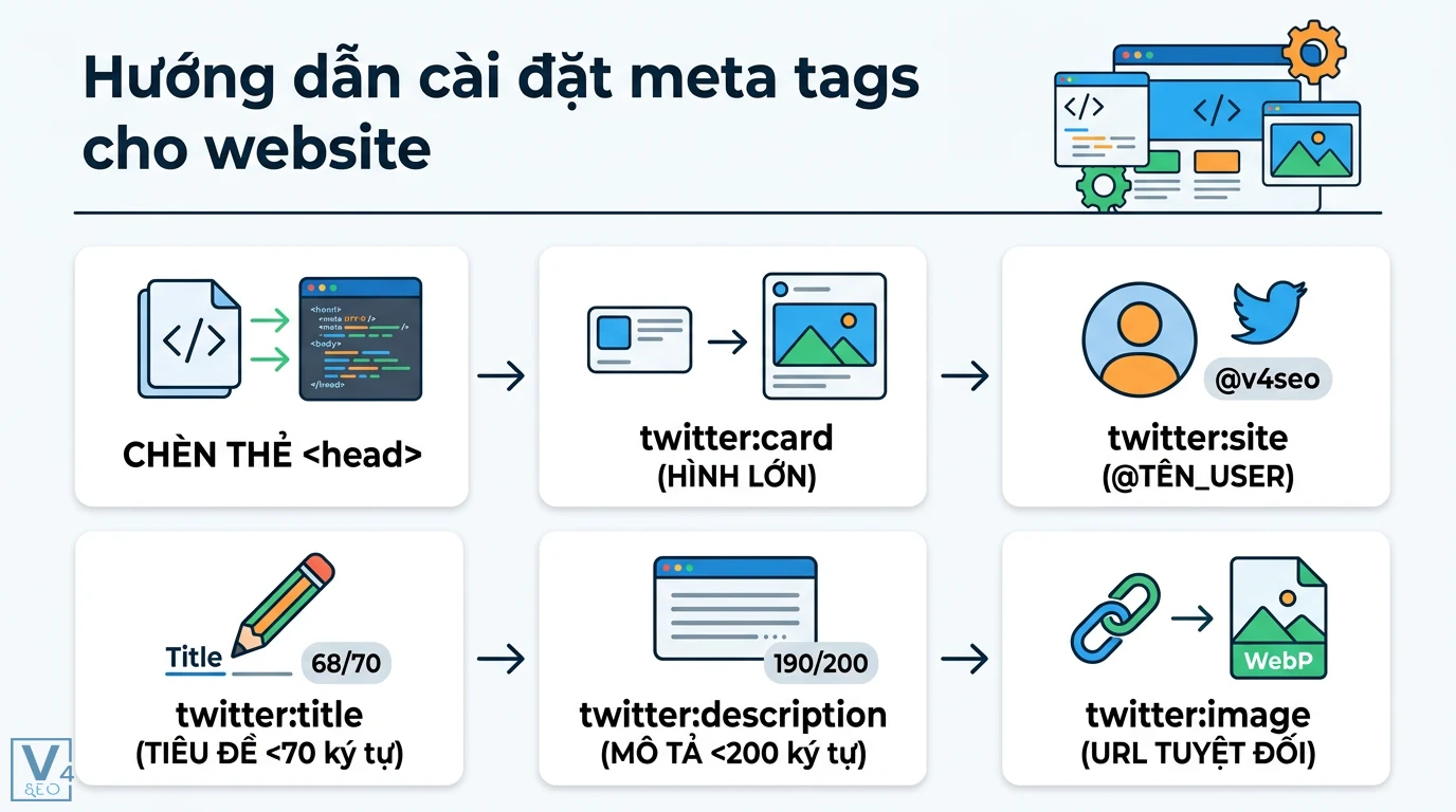 Twitter Card là gì? Hướng dẫn cài đặt meta tags và tối ưu SEO 2 Cài đặt meta tags Twitter Card cho website gồm các bước chèn mã vào thẻ head, thiết lập tiêu đề, mô tả và tối ưu URL ảnh định dạng WebP