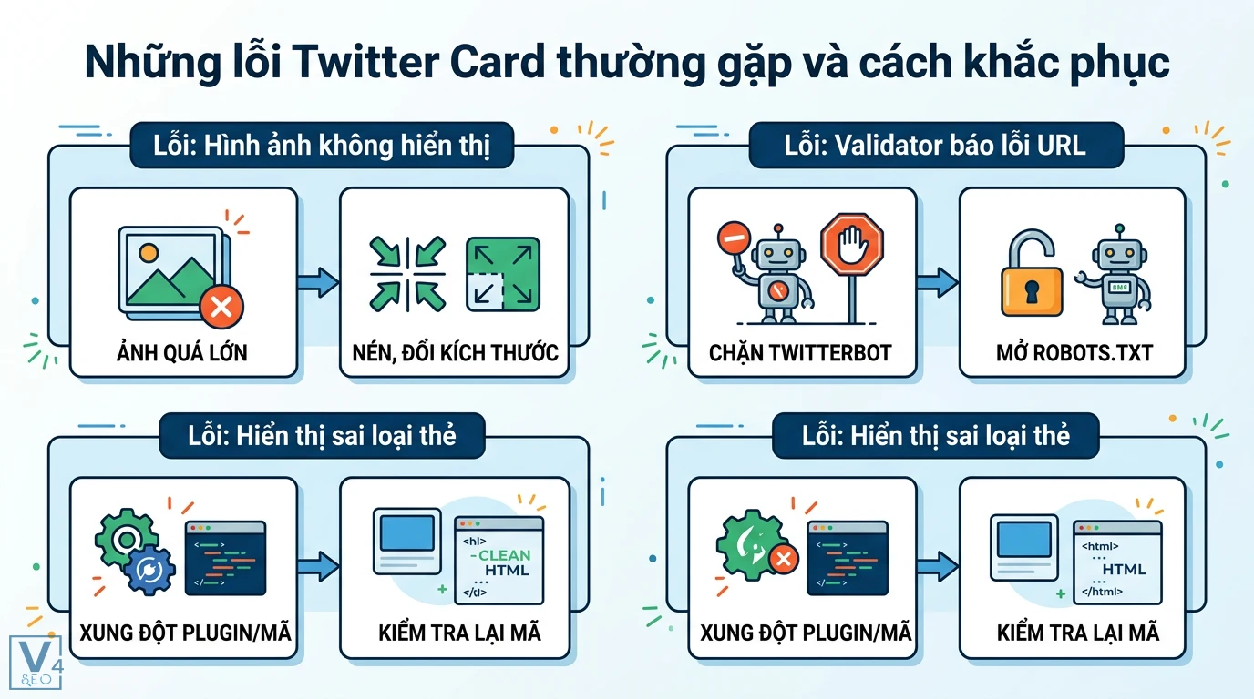 Twitter Card là gì? Hướng dẫn cài đặt meta tags và tối ưu SEO 3 Khắc phục lỗi Twitter Card không hiển thị do tệp quá lớn, mở robots.txt cho Twitterbot và xử lý xung đột plugin để chuẩn hóa thẻ meta