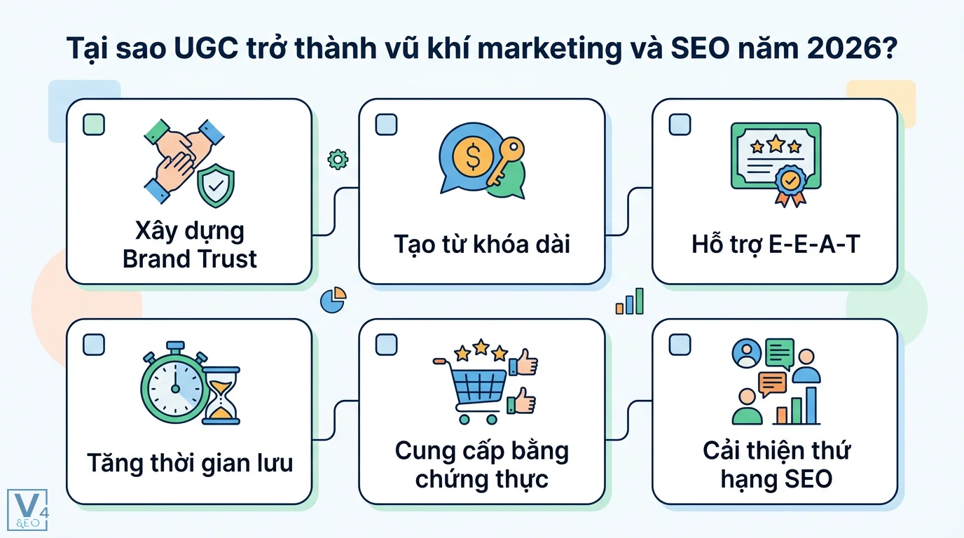 UGC là gì? Cẩm nang triển khai User-Generated Content từ A-Z 2026 1 Vai trò UGC trong SEO 2026 giúp xây dựng Brand Trust, tạo từ khóa dài, hỗ trợ E-E-A-T, tăng thời gian lưu và cải thiện thứ hạng tìm kiếm