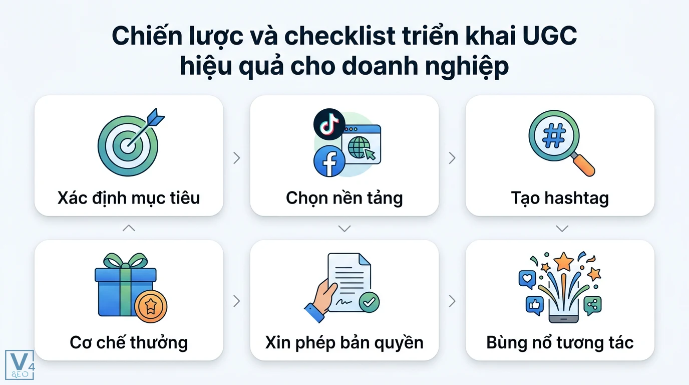 UGC là gì? Cẩm nang triển khai User-Generated Content từ A-Z 2026 2 Checklist triển khai UGC gồm xác định mục tiêu, chọn nền tảng, tạo hashtag, cơ chế thưởng, xin phép bản quyền và bùng nổ tương tác