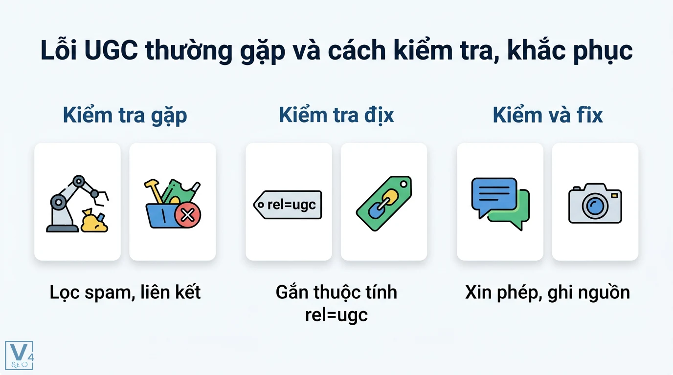 UGC là gì? Cẩm nang triển khai User-Generated Content từ A-Z 2026 3 Cách khắc phục lỗi UGC bằng bộ lọc spam, gắn thuộc tính rel=ugc cho liên kết và xin phép ghi nguồn khi sử dụng nội dung cộng đồng