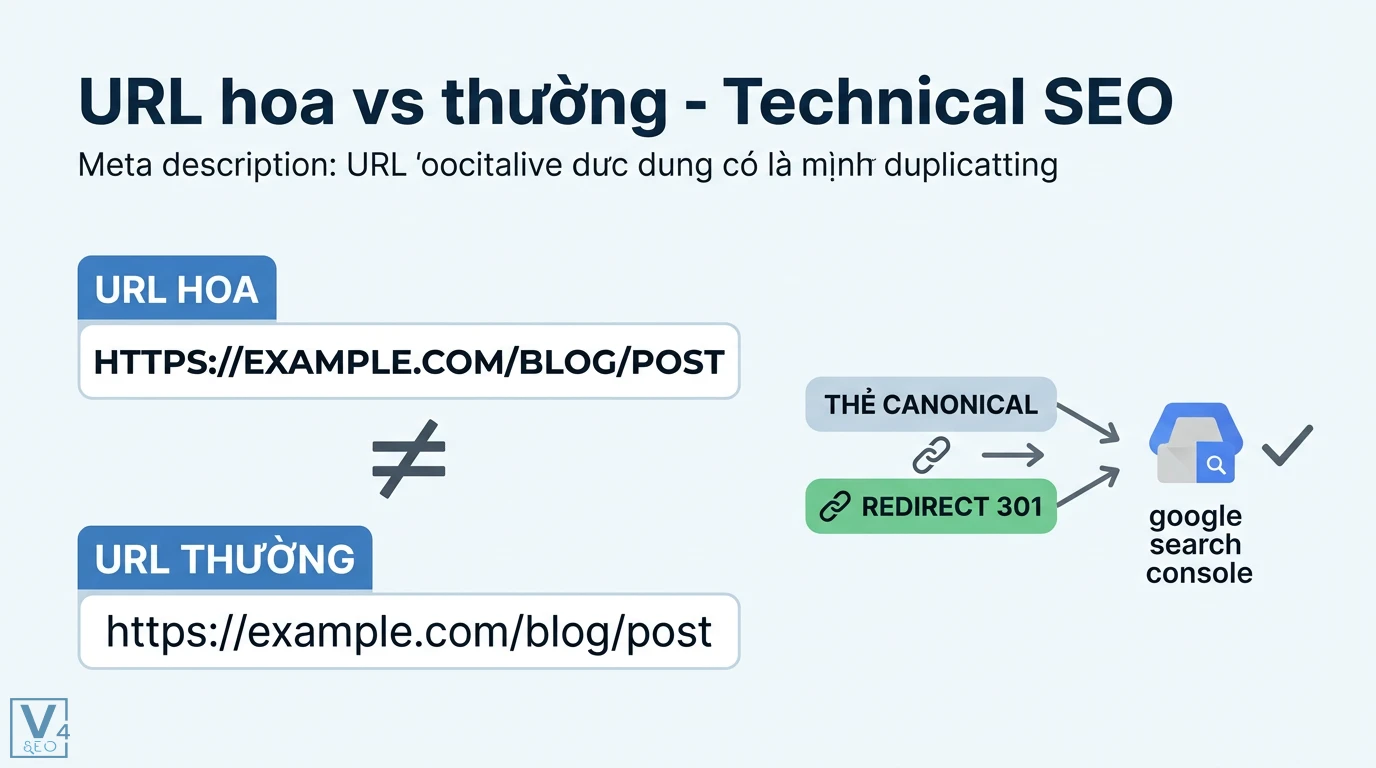 URL hoa vs thường là gì? Tác động SEO và cách xử lý trùng lặp 1 URL viết hoa gây lỗi trùng lặp nội dung, phân tán tín hiệu PageRank, lãng phí Crawl Budget và làm chậm quá trình lập chỉ mục của Googlebot