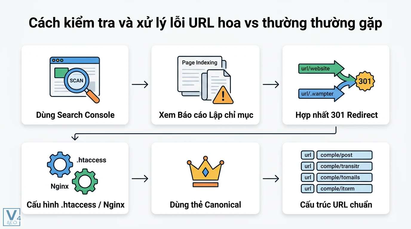 URL hoa vs thường là gì? Tác động SEO và cách xử lý trùng lặp 4 Cách tối ưu URL hoa vs thường chuẩn SEO gồm dùng chữ thường, dấu gạch ngang, bỏ ký tự đặc biệt và tối ưu hóa từ khóa trong đường dẫn