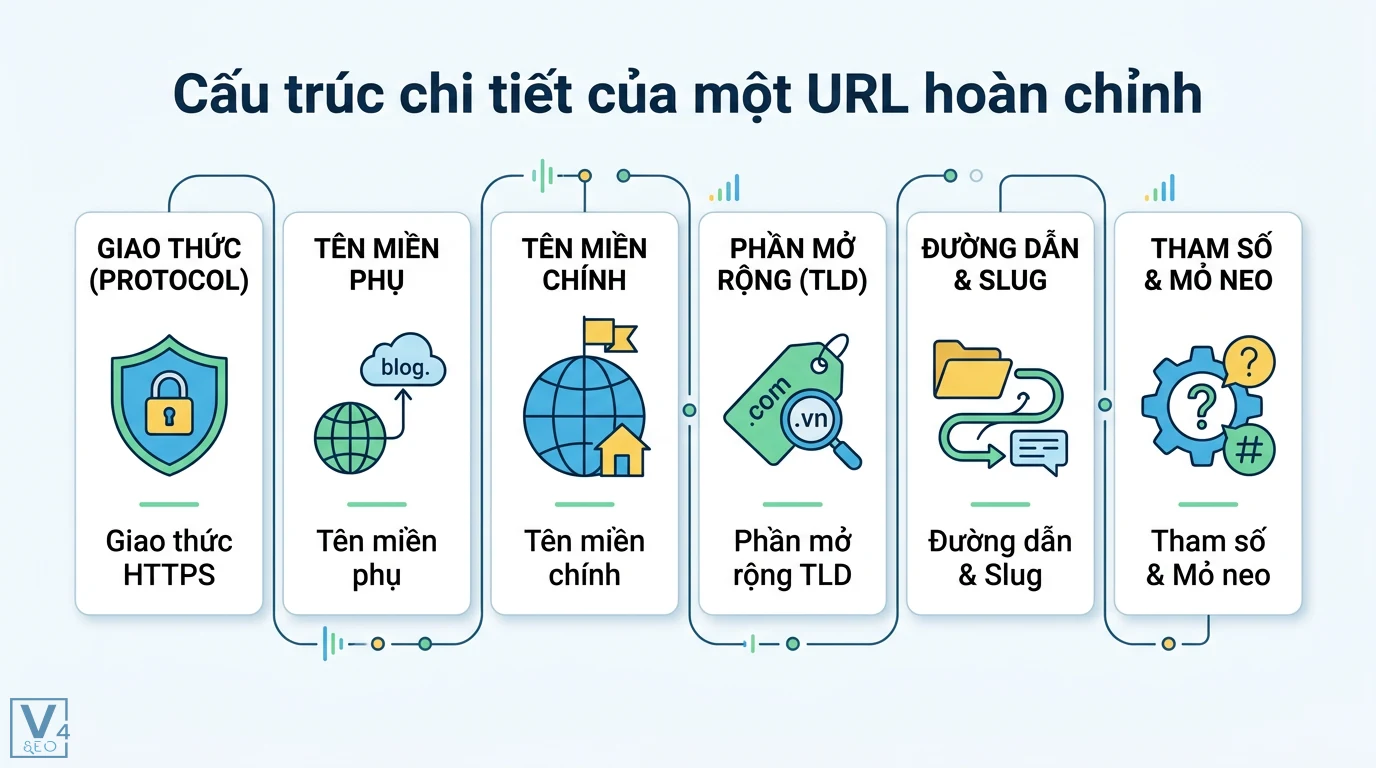 URL là gì? Cấu trúc và cách tối ưu chuẩn SEO mới nhất 2026 1 Cấu trúc URL hoàn chỉnh gồm giao thức HTTPS, tên miền phụ, tên miền chính, phần mở rộng TLD, đường dẫn, slug, tham số và mỏ neo