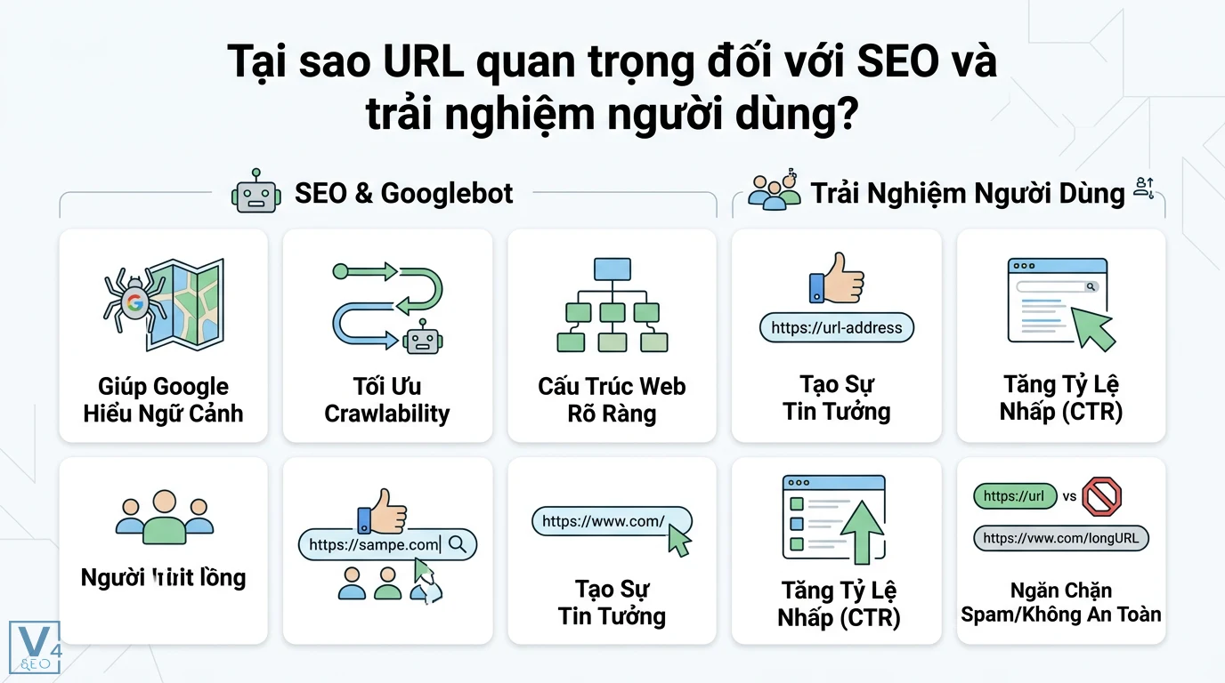 URL là gì? Cấu trúc và cách tối ưu chuẩn SEO mới nhất 2026 2 Cấu trúc URL tối ưu crawlability cho Googlebot, giúp hiểu ngữ cảnh và tăng trải nghiệm người dùng qua sự tin tưởng và tỷ lệ nhấp CTR