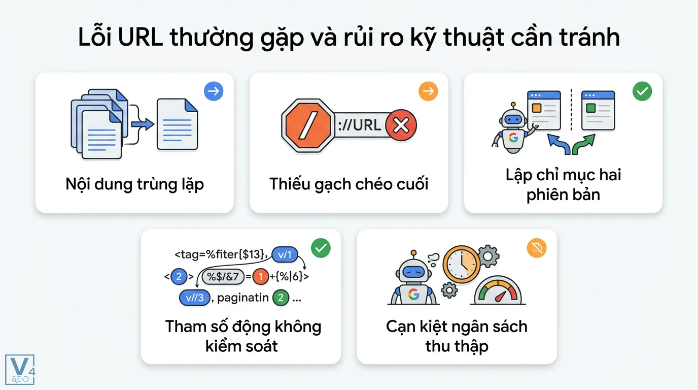 URL là gì? Cấu trúc và cách tối ưu chuẩn SEO mới nhất 2026 3 Lỗi URL gây rủi ro SEO từ nội dung trùng lặp, thiếu gạch chéo cuối, tham số động không kiểm soát và cạn kiệt ngân sách thu thập Googlebot