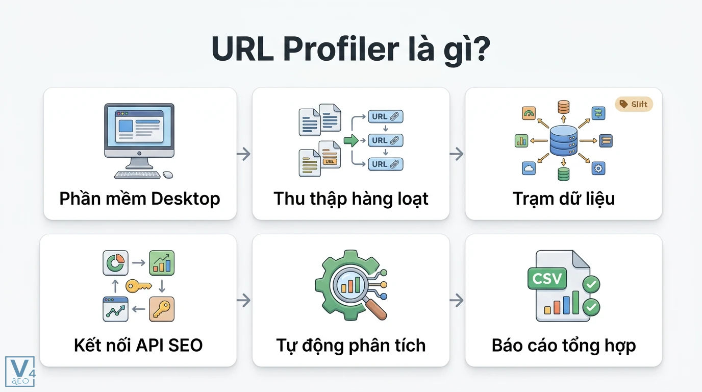 URL Profiler là gì? Hướng dẫn Audit và phân tích dữ liệu SEO 3 URL Profiler là phần mềm desktop thu thập hàng loạt, kết nối API SEO đóng vai trò trạm dữ liệu để tự động phân tích và xuất báo cáo tổng hợp CSV