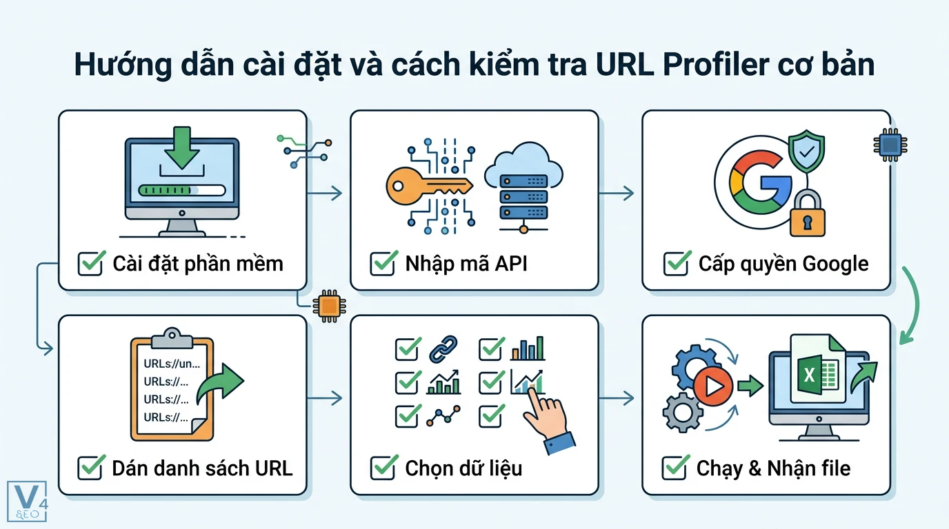URL Profiler là gì? Hướng dẫn Audit và phân tích dữ liệu SEO 1 Cài đặt và kiểm tra URL Profiler qua các bước nhập mã API, cấp quyền Google, dán danh sách URL, chọn dữ liệu và xuất báo cáo Excel