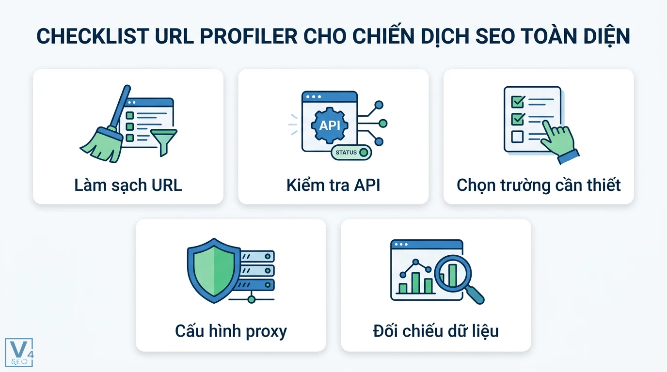 URL Profiler là gì? Hướng dẫn Audit và phân tích dữ liệu SEO 2 Checklist URL Profiler cho SEO gồm làm sạch URL, kiểm tra API, chọn trường dữ liệu, thiết lập proxy và đối chiếu dữ liệu hiệu suất SEO