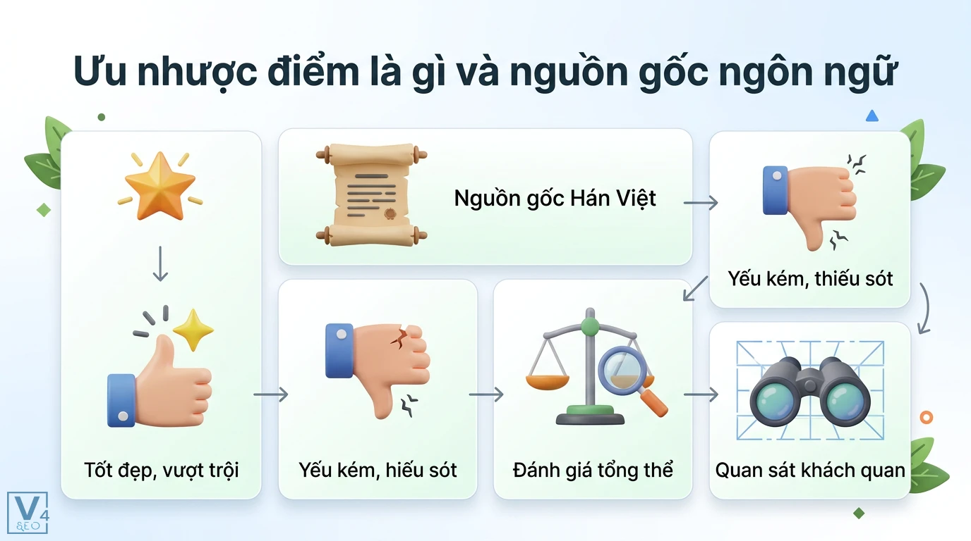 Ưu nhược điểm là gì? Cách nhận diện và biến điểm yếu thành thế mạnh 1 Ưu nhược điểm từ nguồn gốc Hán Việt gồm các yếu tố tốt đẹp vượt trội và yếu kém thiếu sót giúp đánh giá tổng thể và quan sát khách quan