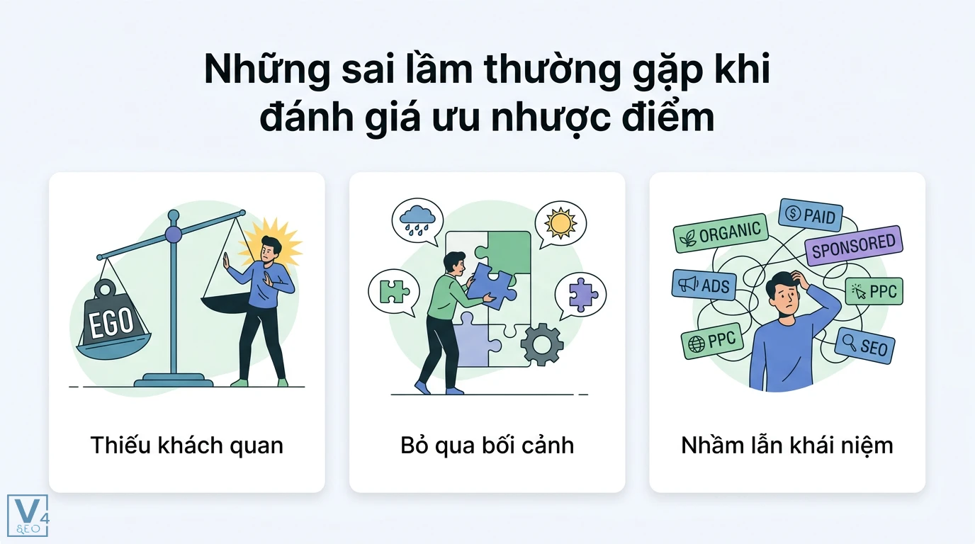 Ưu nhược điểm là gì? Cách nhận diện và biến điểm yếu thành thế mạnh 3 Sai lầm khi đánh giá ưu nhược điểm gồm thiếu khách quan do cái tôi, bỏ qua bối cảnh và nhầm lẫn khái niệm SEO, Organic, Sponsored, PPC