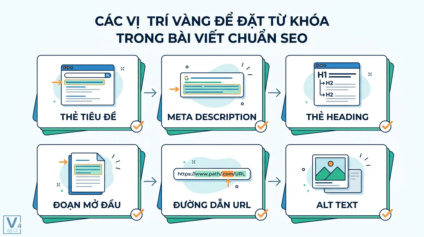 Vị trí từ khóa là gì? Cách đặt và theo dõi thứ hạng SEO hiệu quả 1 Các vị trí vàng đặt từ khóa chuẩn SEO gồm thẻ tiêu đề, meta description, thẻ heading, đoạn mở đầu, đường dẫn URL và văn bản alt text
