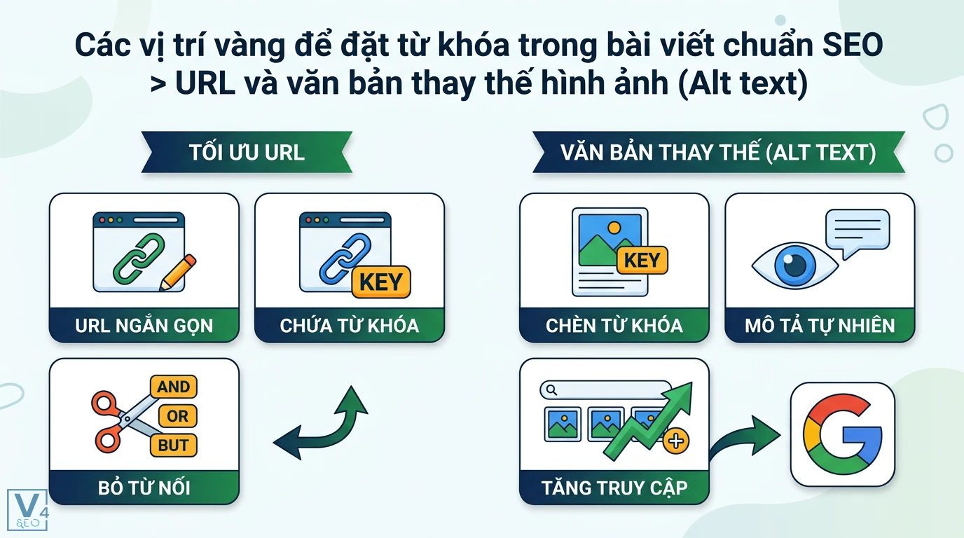 Vị trí từ khóa là gì? Cách đặt và theo dõi thứ hạng SEO hiệu quả 2 Tối ưu URL ngắn gọn bỏ từ nối và chèn từ khóa vào văn bản thay thế Alt text mô tả tự nhiên giúp bài viết chuẩn SEO tăng lượng truy cập từ Google