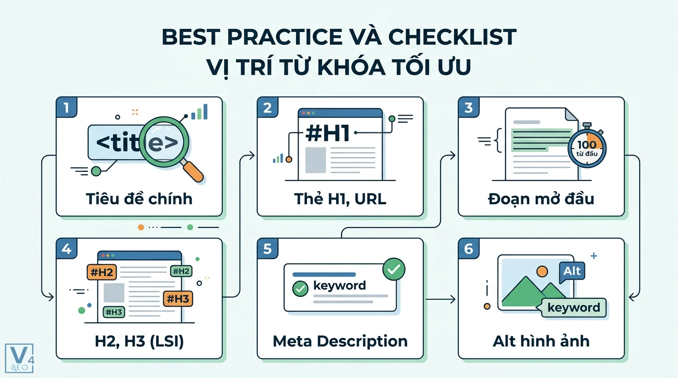Vị trí từ khóa là gì? Cách đặt và theo dõi thứ hạng SEO hiệu quả 3 Checklist vị trí từ khóa tối ưu gồm Title Tag, thẻ H1, URL, 100 từ đầu đoạn mở đầu, thẻ H2, H3, Meta Description và Alt text chuẩn SEO