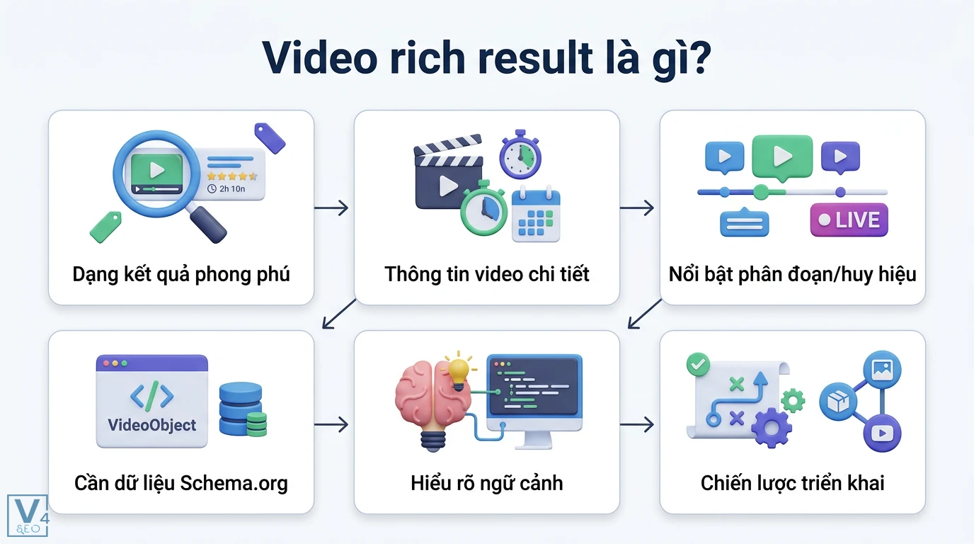 Video rich result là gì? Cách cài đặt Schema VideoObject chuẩn 1 Video rich result là dạng kết quả phong phú hiển thị thông tin chi tiết và phân đoạn từ dữ liệu Schema VideoObject giúp Google hiểu rõ ngữ cảnh