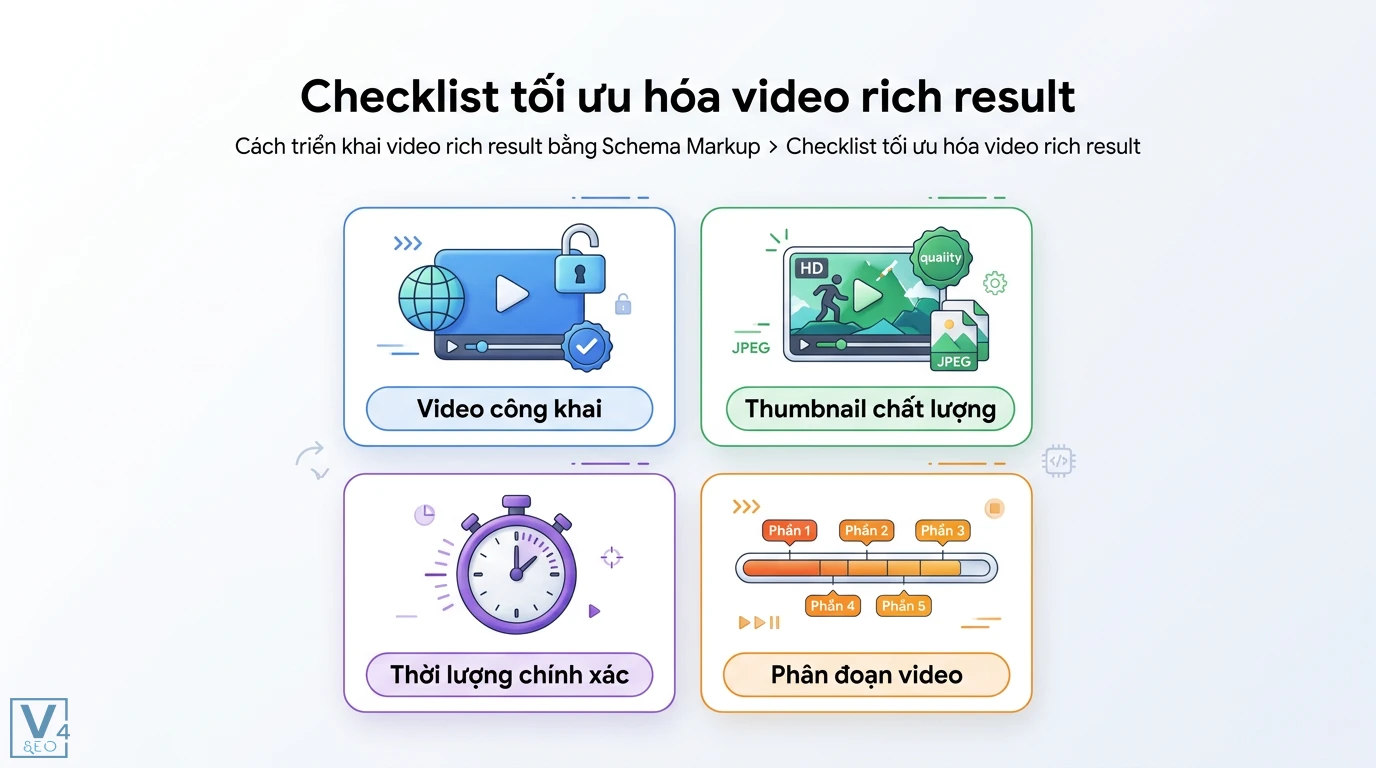 Video rich result là gì? Cách cài đặt Schema VideoObject chuẩn 2 Checklist tối ưu hóa video rich result gồm video công khai, thumbnail chất lượng, thời lượng chính xác và khai báo phân đoạn video hasPart