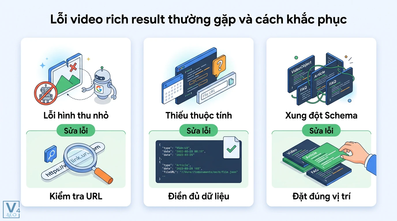 Video rich result là gì? Cách cài đặt Schema VideoObject chuẩn 3 Khắc phục lỗi video rich result bằng cách kiểm tra URL, bổ sung thuộc tính bắt buộc và đặt schema đúng vị trí để tránh xung đột dữ liệu