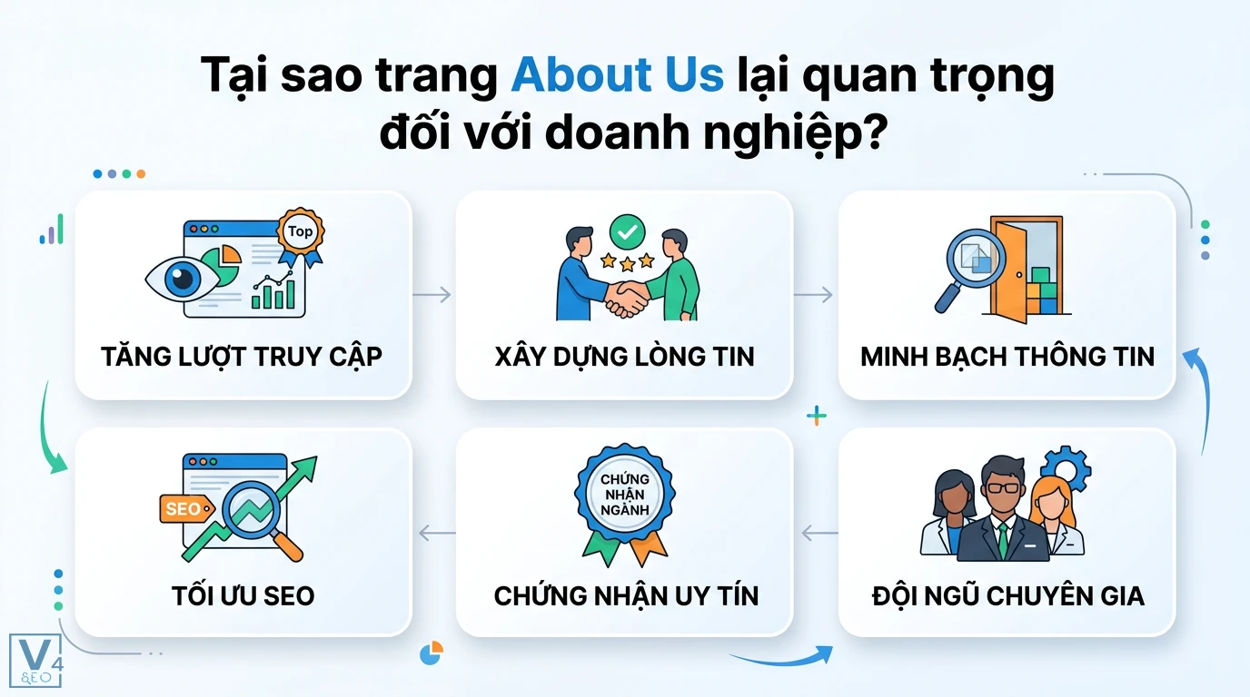 AboutPage là gì? Cách viết trang giới thiệu và cài Schema chuẩn SEO 2 Trang About Us giúp tăng lượt truy cập, xây dựng lòng tin, minh bạch thông tin, tối ưu SEO, chứng nhận uy tín và thể hiện đội ngũ chuyên gia