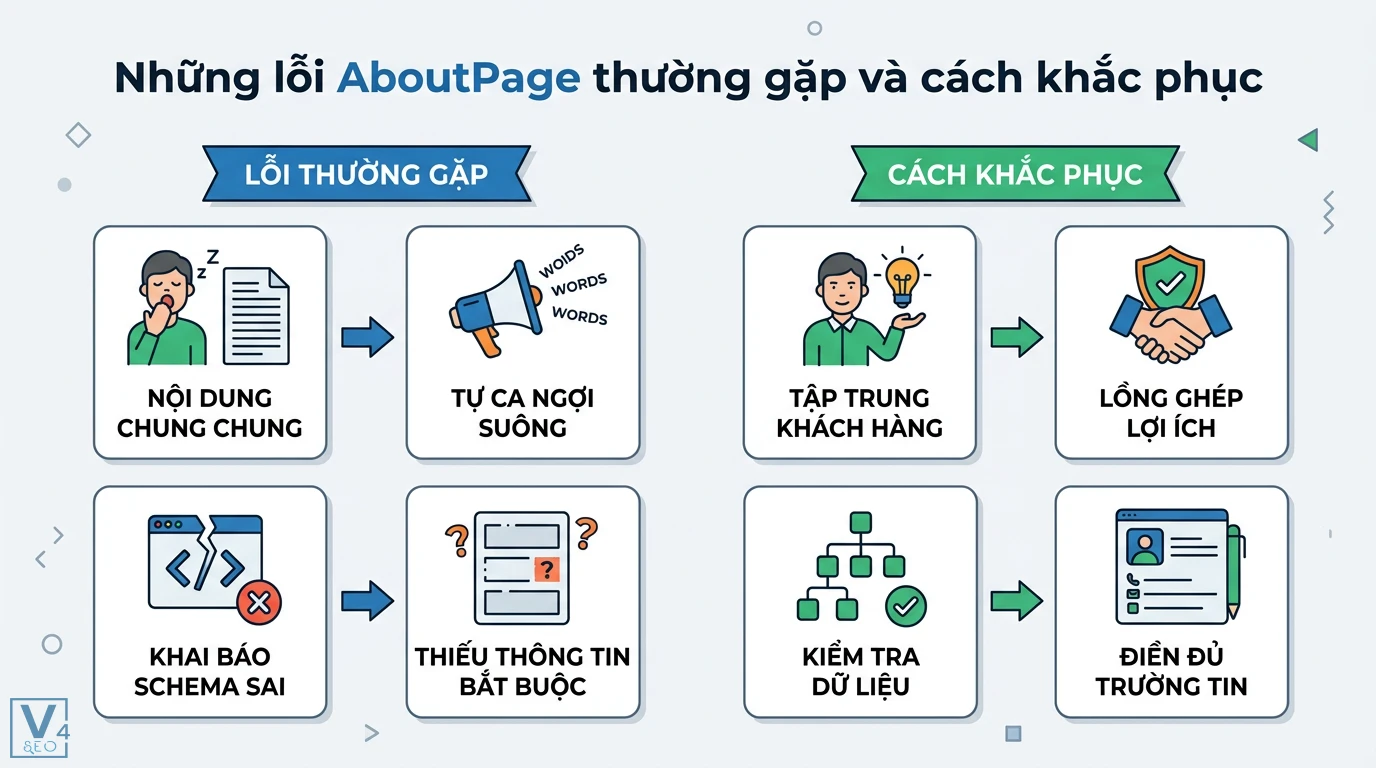 AboutPage là gì? Cách viết trang giới thiệu và cài Schema chuẩn SEO 3 Cách khắc phục lỗi AboutPage như nội dung chung chung, khai báo Schema sai bằng cách tập trung vào khách hàng và kiểm tra dữ liệu đầy đủ