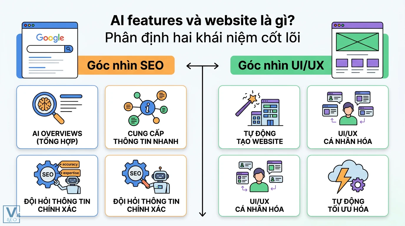 AI features và website là gì? Giải mã AI Search và thiết kế web 1 Phân định AI features qua góc nhìn SEO với AI Overviews và góc nhìn UI/UX gồm tự động tạo website, cá nhân hóa và tối ưu hóa trải nghiệm
