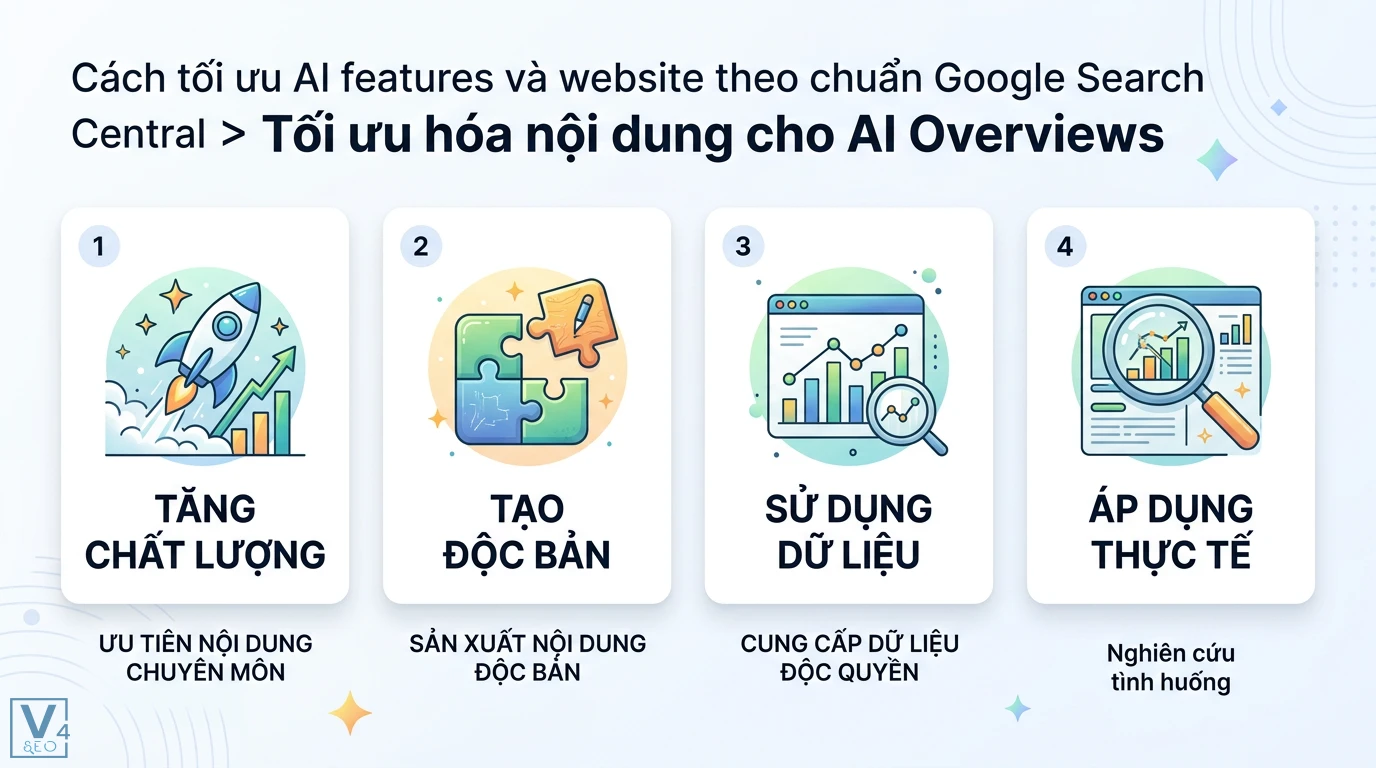 AI features và website là gì? Giải mã AI Search và thiết kế web 2 Tối ưu nội dung cho AI Overviews bằng cách tăng chất lượng chuyên môn, tạo tính độc bản, cung cấp dữ liệu độc quyền và nghiên cứu tình huống thực tế
