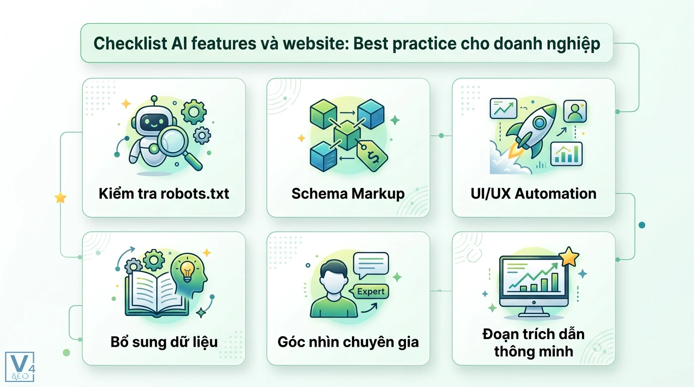 AI features và website là gì? Giải mã AI Search và thiết kế web 3 Checklist AI features gồm robots.txt, Schema Markup, UI/UX Automation, bổ sung dữ liệu, góc nhìn chuyên gia và đoạn trích dẫn thông minh