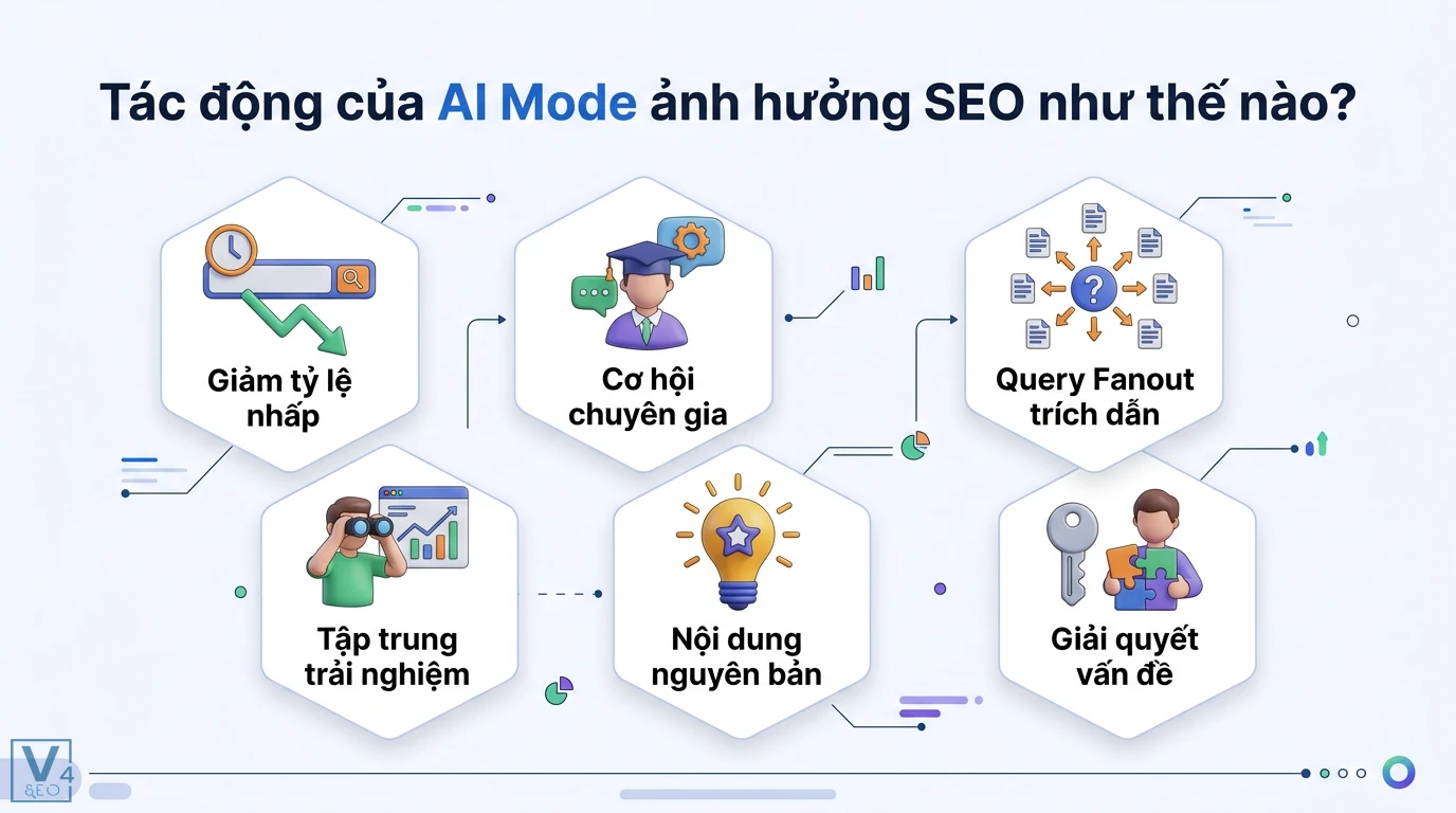 AI Mode là gì? Hướng dẫn về Gemini và Query Fanout trong Search 2 Tác động của AI Mode đến SEO qua việc giảm tỷ lệ nhấp, thúc đẩy cơ hội chuyên gia, Query Fanout, nội dung nguyên bản và giải quyết vấn đề