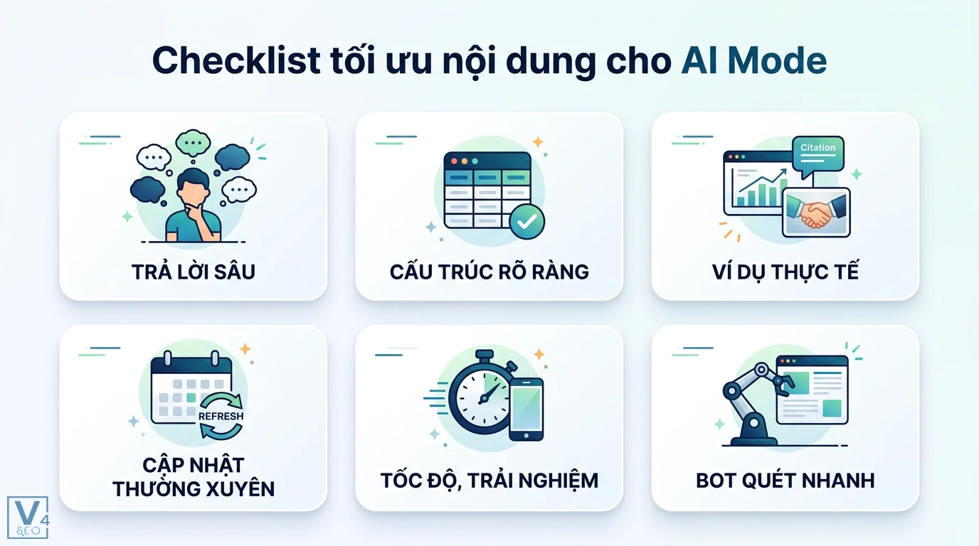 AI Mode là gì? Hướng dẫn về Gemini và Query Fanout trong Search 3 Checklist tối ưu nội dung cho AI Mode bao gồm trả lời sâu, cấu trúc rõ ràng, ví dụ thực tế, cập nhật thường xuyên, tốc độ và bot quét nhanh