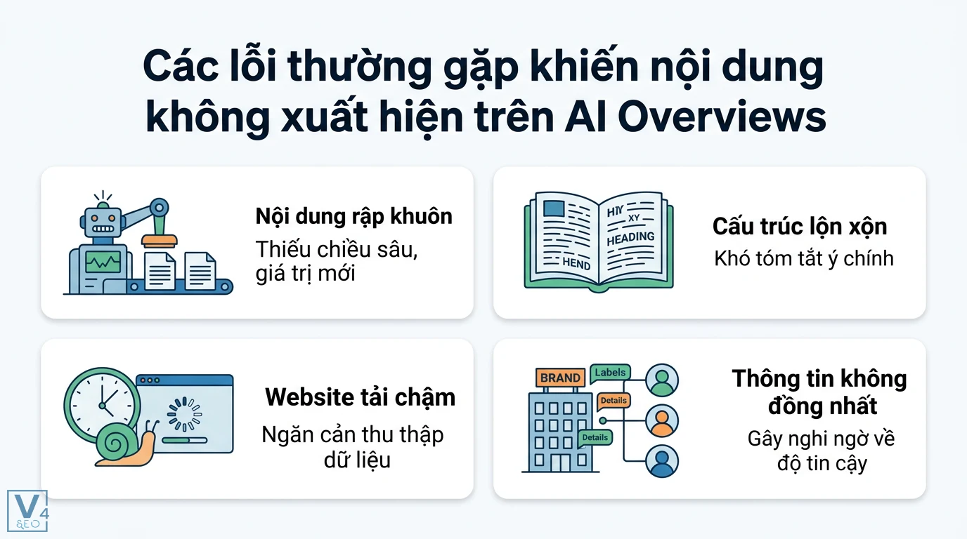 AI Overviews là gì? Lộ trình tối ưu SEO thực chiến mới nhất 2026 3 Lỗi khiến nội dung không xuất hiện trên AI Overviews gồm bài viết rập khuôn, cấu trúc lộn xộn, website tải chậm và thực thể không đồng nhất