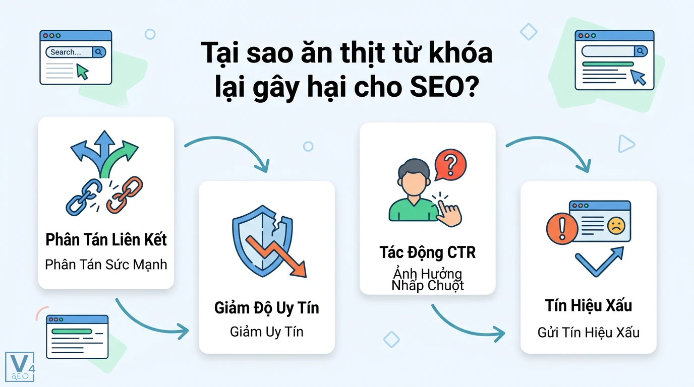 Ăn thịt từ khóa là gì? Cách xử lý và tối ưu Search Intent chuẩn 1 Ăn thịt từ khóa gây hại SEO do phân tán sức mạnh liên kết, giảm độ uy tín website, ảnh hưởng CTR và gửi tín hiệu xấu đến Google