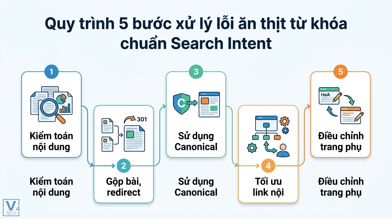Ăn thịt từ khóa là gì? Cách xử lý và tối ưu Search Intent chuẩn 2 Quy trình xử lý lỗi ăn thịt từ khóa qua kiểm toán, gộp bài redirect 301, dùng thẻ canonical, tối ưu link nội bộ và điều chỉnh trang phụ