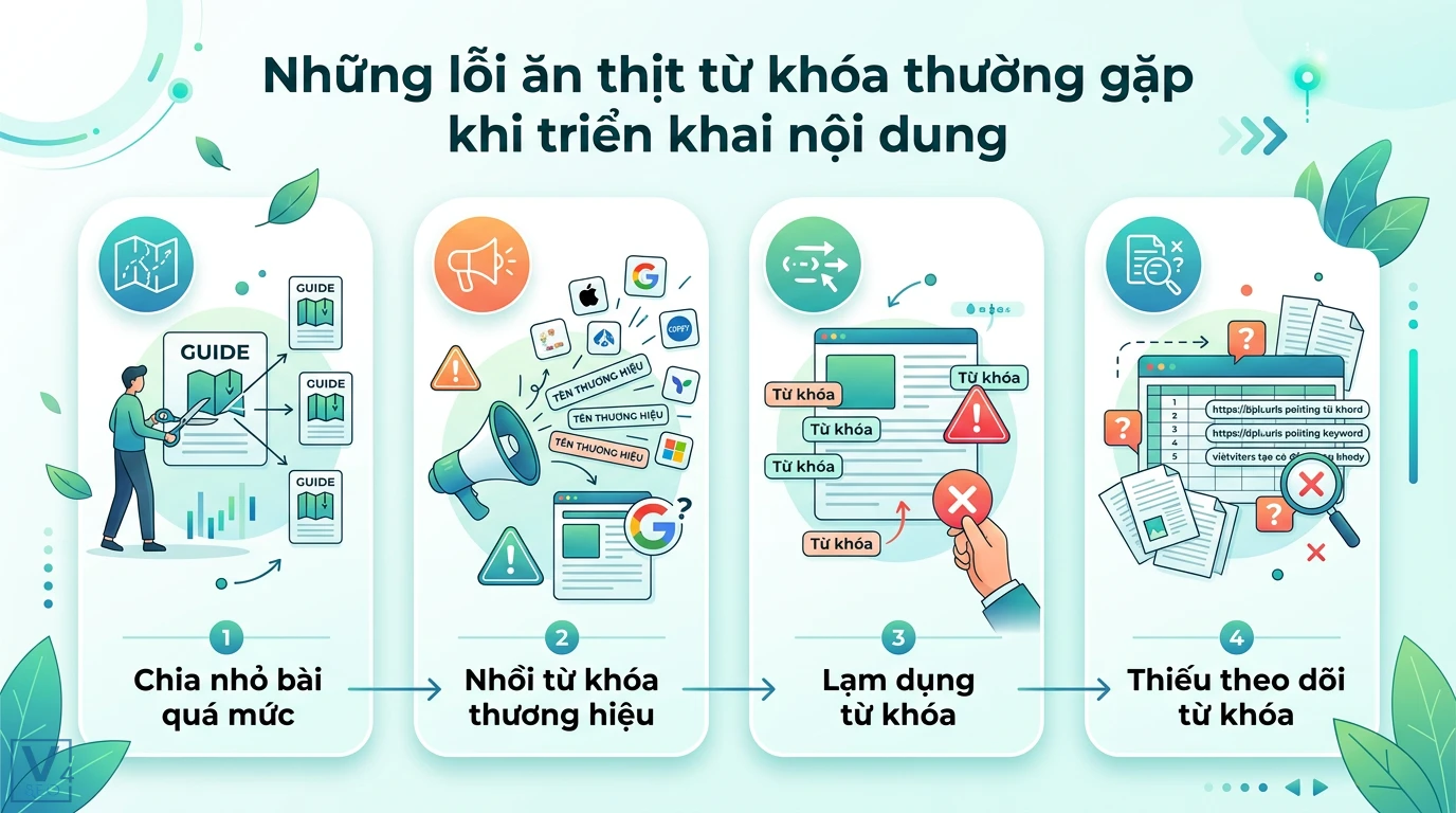 Ăn thịt từ khóa là gì? Cách xử lý và tối ưu Search Intent chuẩn 3 Các lỗi ăn thịt từ khóa gồm chia nhỏ bài viết, nhồi từ khóa thương hiệu, lạm dụng từ khóa và thiếu bảng theo dõi từ khóa tập trung