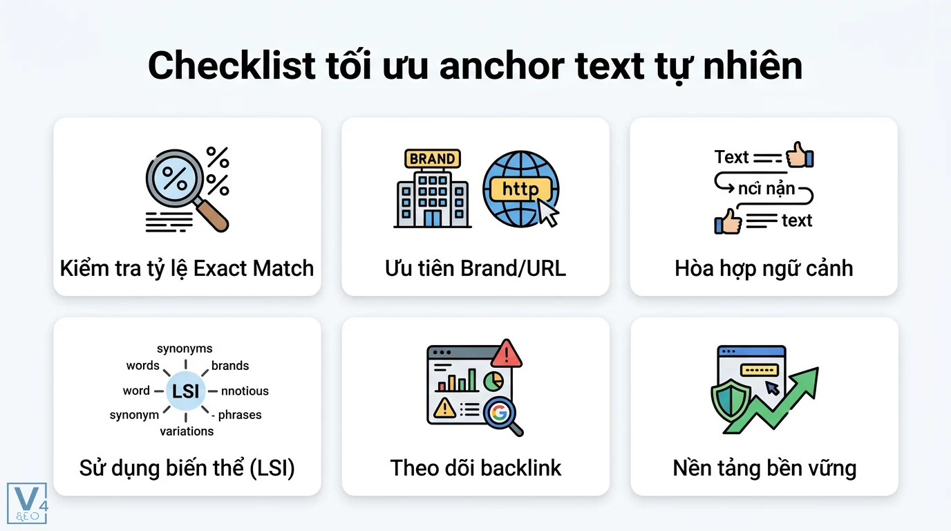Anchor spam là gì? Tỷ lệ Anchor Text chuẩn tránh Google Penguin 3 Checklist tối ưu anchor text tự nhiên gồm kiểm tra tỷ lệ exact match, ưu tiên brand, hòa hợp ngữ cảnh, dùng LSI và theo dõi backlink
