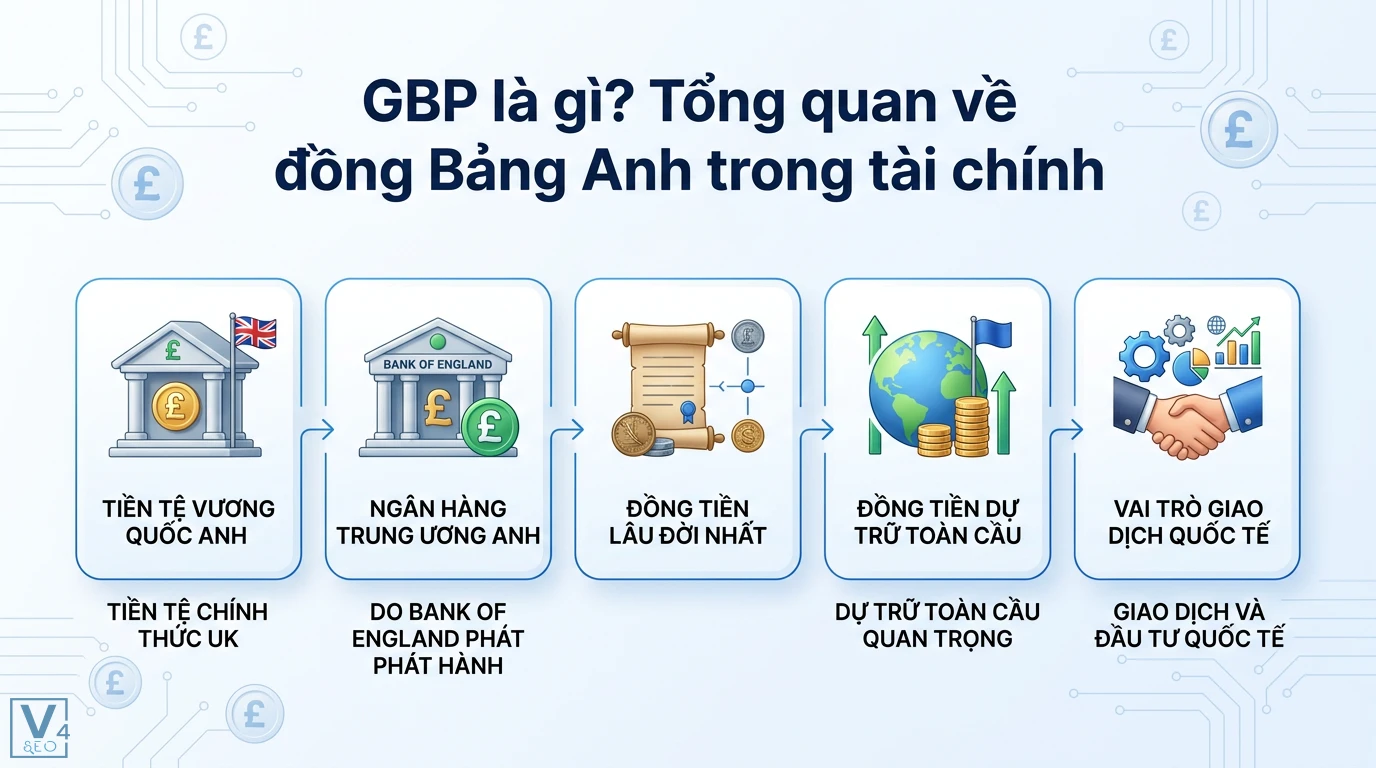 Ảnh GBP là gì? Tìm hiểu đồng Bảng Anh và tỷ giá GBP/USD mới nhất 1 GBP là đồng Bảng Anh do Bank of England phát hành, tiền tệ lâu đời nhất có vai trò dự trữ toàn cầu và giao dịch quốc tế quan trọng