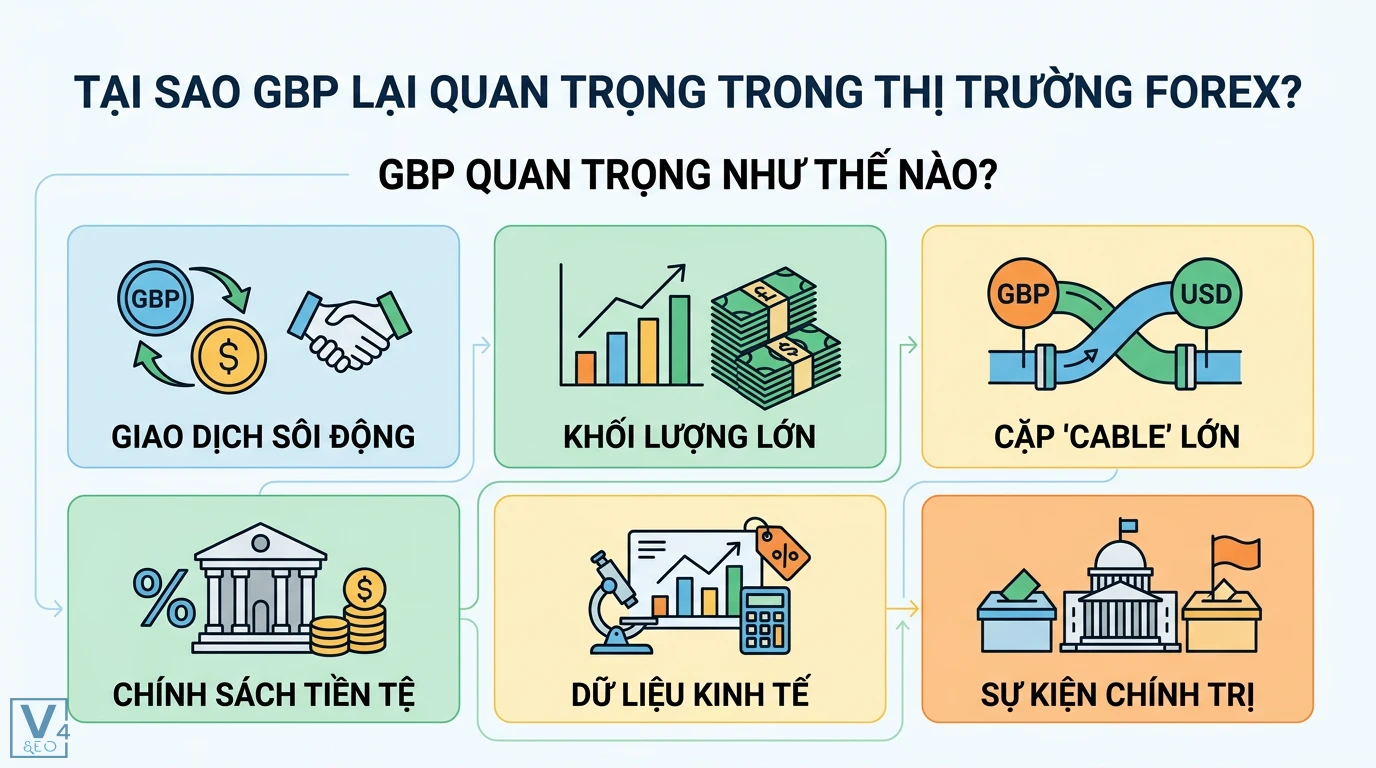 Ảnh GBP là gì? Tìm hiểu đồng Bảng Anh và tỷ giá GBP/USD mới nhất 2 Tầm quan trọng của GBP trong Forex qua cặp Cable GBP/USD, khối lượng giao dịch lớn, chính sách tiền tệ, dữ liệu kinh tế và sự kiện chính trị