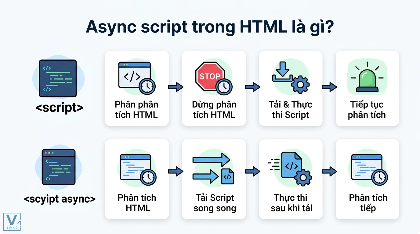 Async script là gì? Phân biệt thuộc tính async và async/await 1 Cơ chế async script giúp tải JavaScript song song với phân tích HTML thay vì dừng xử lý DOM như cách hoạt động của thẻ script mặc định