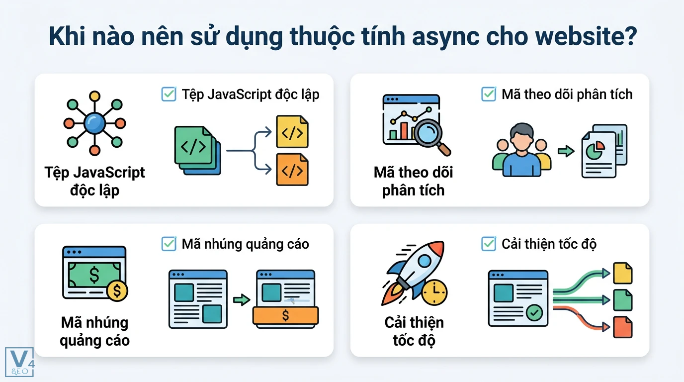 Async script là gì? Phân biệt thuộc tính async và async/await 2 Thuộc tính async áp dụng cho tệp JavaScript độc lập, mã theo dõi phân tích và mã nhúng quảng cáo giúp tối ưu hóa hiệu suất và tốc độ tải trang