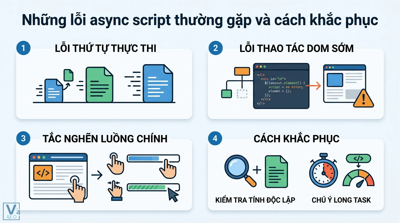 Async script là gì? Phân biệt thuộc tính async và async/await 3 Lỗi async script phổ biến gồm sai thứ tự thực thi, thao tác DOM sớm, tắc nghẽn luồng chính và giải pháp kiểm tra tính độc lập của từng tệp